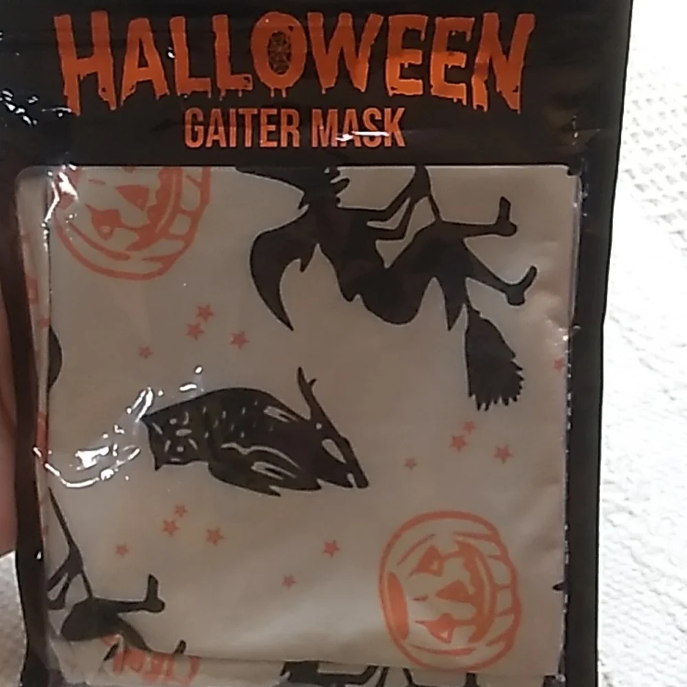 Halloween Gaiter Mask Black Witch, Moon & Owl, Orange Pumpkin